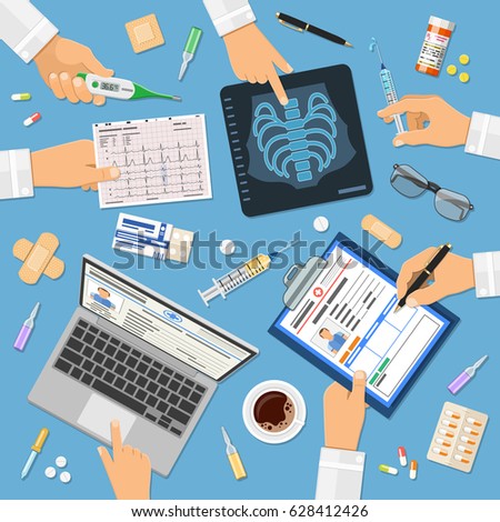 Doctors workplace concept with flat icons hands holds x-ray, medical record, cardiogram, syringe. isolated vector illustration