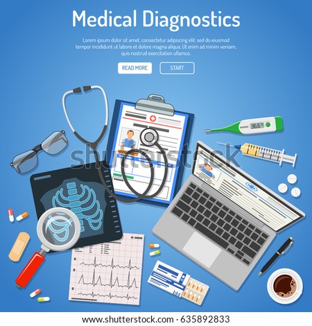 Doctors workplace and Medical diagnostics concept with flat icons laptop, x-ray, medical record, cardiogram, syringe. isolated vector illustration