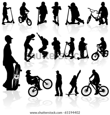 Extreme silhouettes children and man on roller, bicycle, skateboard, vector illustration