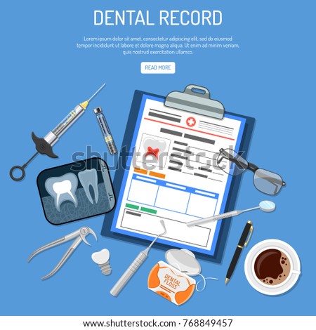 Medical Dental record concept with flat icons card of patient, cartridge syringe, x-ray and dental tools. isolated vector illustration.