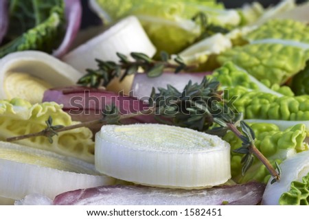 A dish of mixed winter vegetables containing leek, onion, cabbage and herbs.