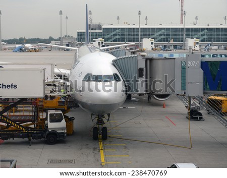 MUNICH, GERMANY, SEPTEMBRE 2014: Lufthansa airbus airplane parked on Munich airport while people are boarding to the flight  SEPTEMBRE 2014 in MUNICH, GERMANY