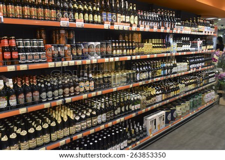 2014 Ukraine, Kiev, silpo, showcase of beer products in the supermarket,2014 Ukraine, Kiev, silpo, editorial