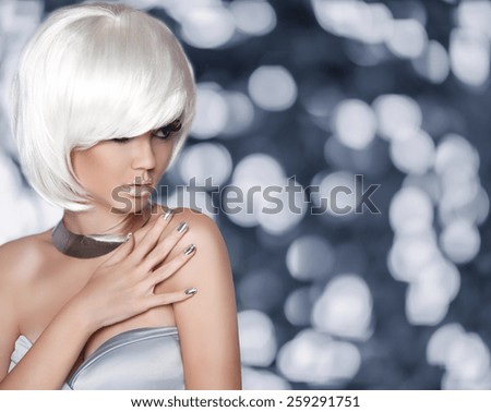 White Bob Hairstyle. Fashion Blond Girl. Glamour Woman portrait with Short Hair, makep, manicured nails isolated over grey lights background.
