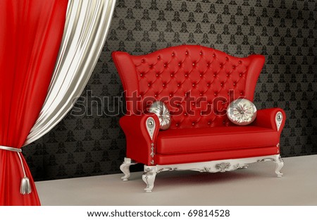 Opened curtain and modern sofa with pillow in interior with ornament wallpaper