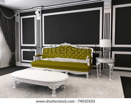 Royal Sofa and table with lamp, furry carpet in luxurious interior