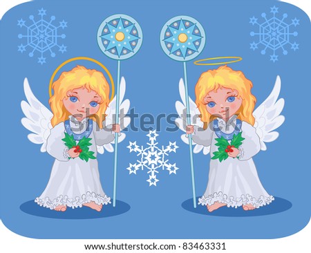 Christmas cute angels catholic, orthodox set with snowflakes
