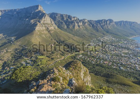 Cape Town\'s Table Mountain, Lions head & Twelve Apostles are popular hiking destinations for both locals and tourists all year round. View from Lion\'s Head peak.