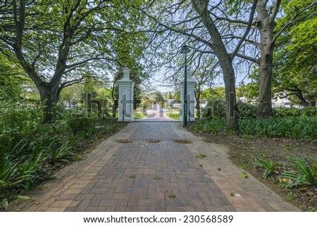 Paths, oak trees and grassy lawn in the Cape Town Company Gardens, situated in Queen Victoria Street, adjacent to the South African Parliament. Teeming with squirrels and plants
