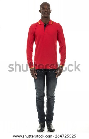 Attractive african american black man in plain long sleeve collar shirt on isolated white studio background