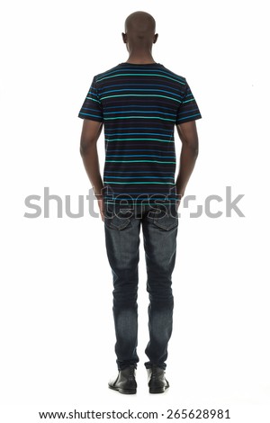 Attractive african american black man in short sleeve striped t-shirt on isolated white studio background