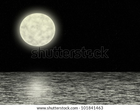 Full moon in the dark universe background with stars over the sea