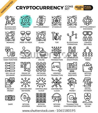 Cryptocurrency and blockchain technology concept icons set in modern line icon style for ui, ux, website, web, app graphic design