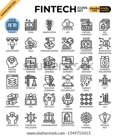 Fintech (Financial Technology) concept icons set in modern line icon style for ui, ux, web, mobile app design, etc.