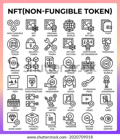 NFT Non fungible token icons set in modern style for ui, ux, web, app, brochure, flyer and presentation design, etc.