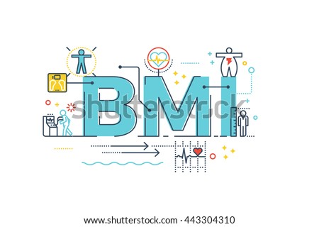BMI : Body Mass Index word lettering typography design illustration with line icons and ornaments in blue theme