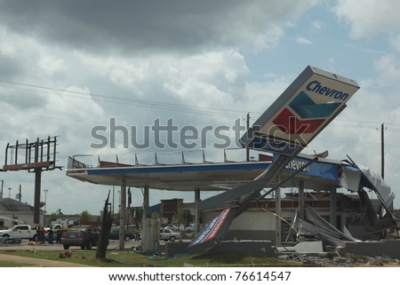 TUSCALOOSA, ALABAMA, U.S. - APRIL 2011: Mangled Chevron gas station in the aftermath of historic tornado that ravaged the southern United States on April 27, 2011 in Tuscaloosa, Alabama