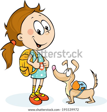 school girl and dog with schoolbag - vector illustration