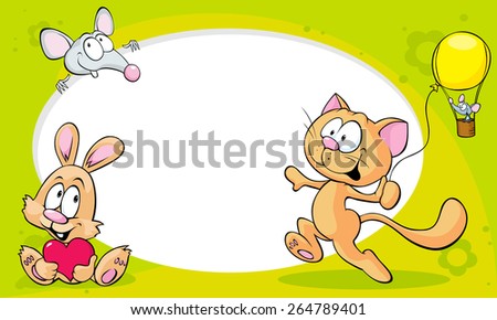 funny frame with cute animals - cat, bunny and mouse