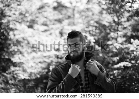 bearded male fashion model black and white photography