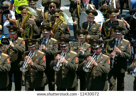 Israel. Haifa. In honor celebration of Day of Independence passed the parade of soldiery brass bands from Israel, France, Brazil, Germany, Great Britain, Netherlands, Poland, Russia and USA