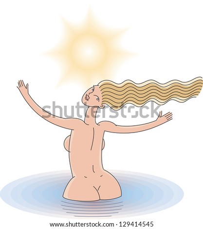 Young woman is taking a sun bath in water. Raster image. Find an editable version in my portfolio.