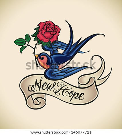 Old-school styled tattoo of a swallow with banner and rose. Editable vector illustration.