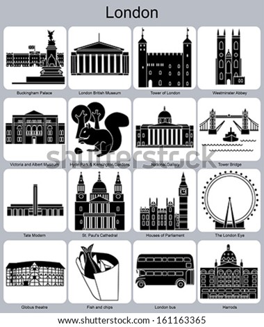 Landmarks of London. Set of monochrome icons. Editable vector illustration.