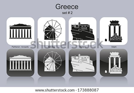 Landmarks of Greece. Set of monochrome icons. Editable vector illustration.