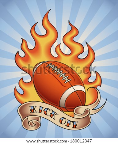 American football tattoo design of a leather ball in flame. Editable vector illustration.