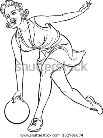 Pretty Girl Playing Bowling. Outline Drawing. Editable Vector ...