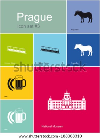 Landmarks of Prague. Set of flat color icons in Metro style. Editable vector illustration.