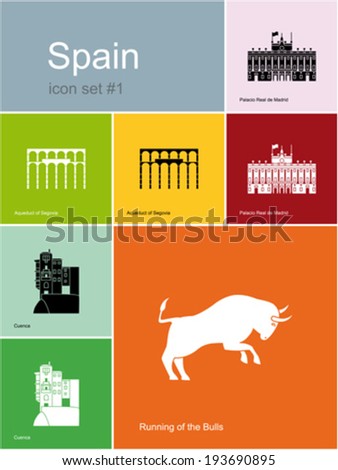 Landmarks of Spain. Set of flat color icons in Metro style. Editable vector illustration.