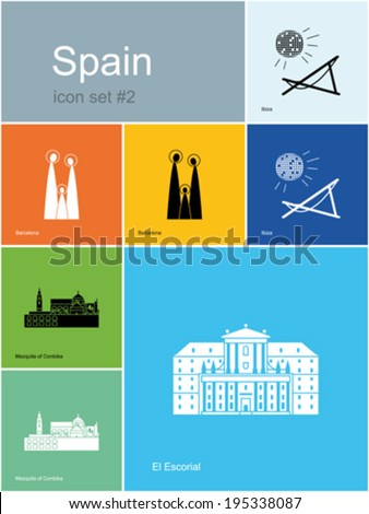 Landmarks of Spain. Set of flat color icons in Metro style. Editable vector illustration.