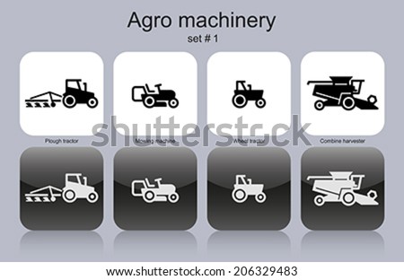 Agro machinery in set of monochrome icons. Editable vector illustration.