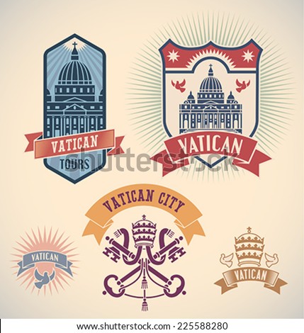 Set of retro-styled Vatican city tour labels. Editable vector illustration.