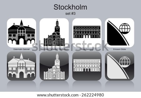 Landmarks of Stockholm. Set of monochrome icons. Editable vector illustration.