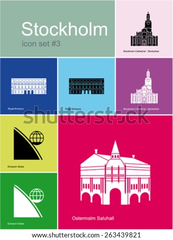 Landmarks of Stockholm. Set of color icons in Metro style. Editable vector illustration.