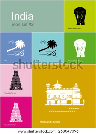 Landmarks of India. Set of color icons in Metro style. Editable vector illustration.