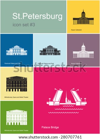 Landmarks of St.Petersburg. Set of color icons in Metro style. Editable vector illustration.