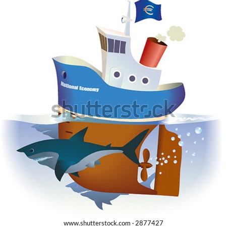 A ship of a National Economy is sailing in deep waters. Sharks of the Open Market are around.