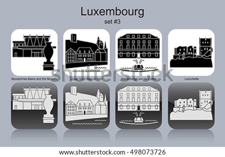 Landmarks of Luxembourg. Set of monochrome icons. Editable vector illustration.