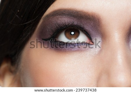 Closeup image of beautiful woman eye with bright makeup. Makeup with eyeliner, macro.