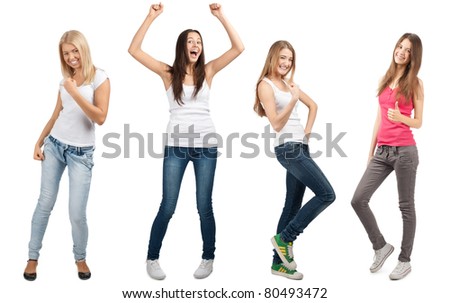 Collage of four happy excited young women with arms extended  in different perspectives. Over white background