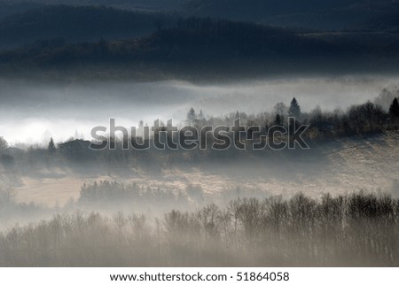 Landscape Bulgaria. Foggy autumn morning in the mountains.