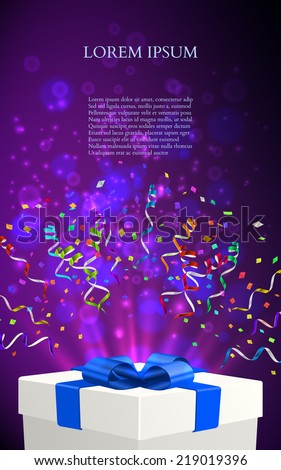 Open gift with fireworks from confetti. background
