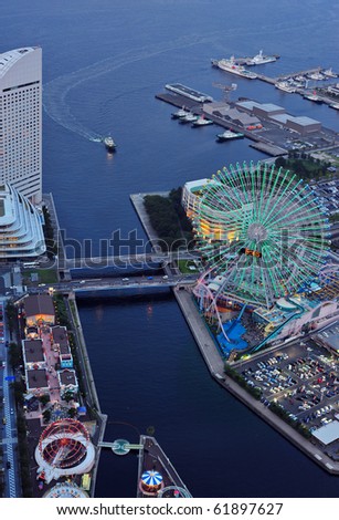 Bird\'s eye view from Yokohama landmark showing the Yokohama Bay and Cosmo world, the famous amusement park in Yokohama city/ Yokohama Bay/Yokohama Bay