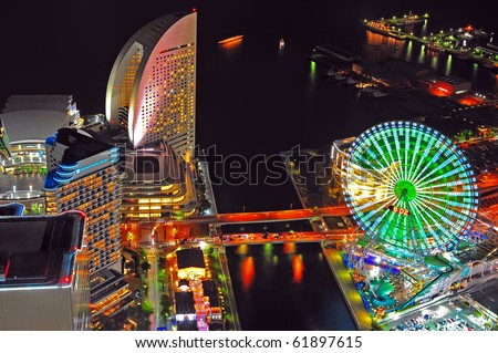 Yokohama night view from Yokohama landmark showing the Yokohama Bay and Cosmo world, the famous amusement park in Yokohama city/ Yokohama Bay/Yokohama Bay