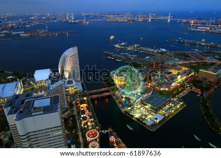 Bird's eye view from Yokohama landmark showing the Yokohama Bay and Cosmo world, at the near end, the famous amusement park in Yokohama city/ Yokohama Bay/Yokohama Bay