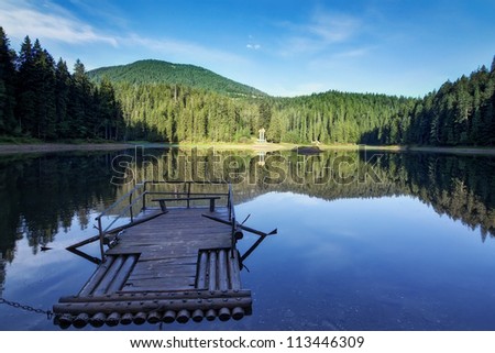 Wooden raft on the lake Synevyr summer.